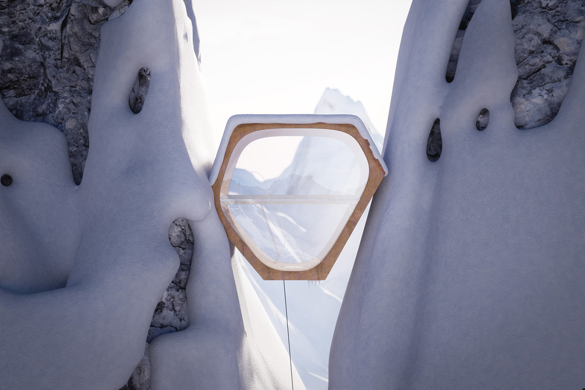 ’’Hex Hut’’ living capsule inserted into snow on the alps for experimental use