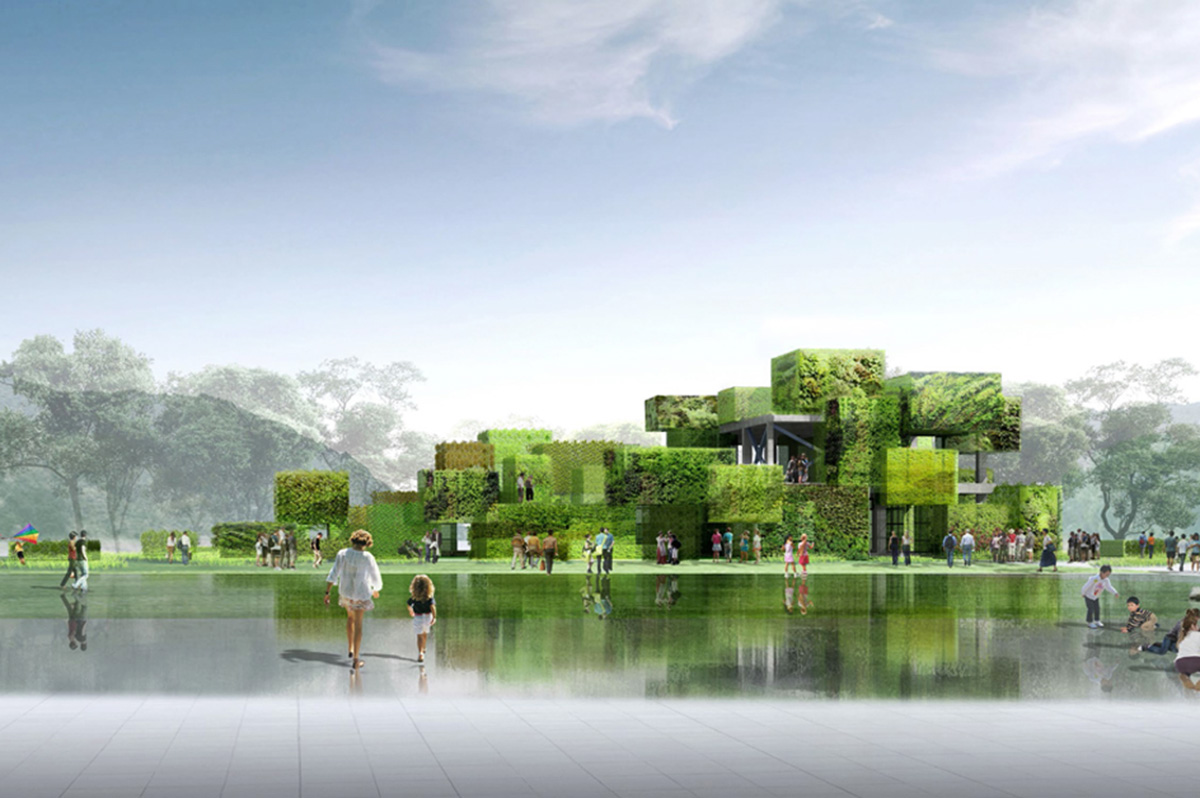This stack of green boxes is inspired by Chinese gardens designed by Studio Pei-Zhu
