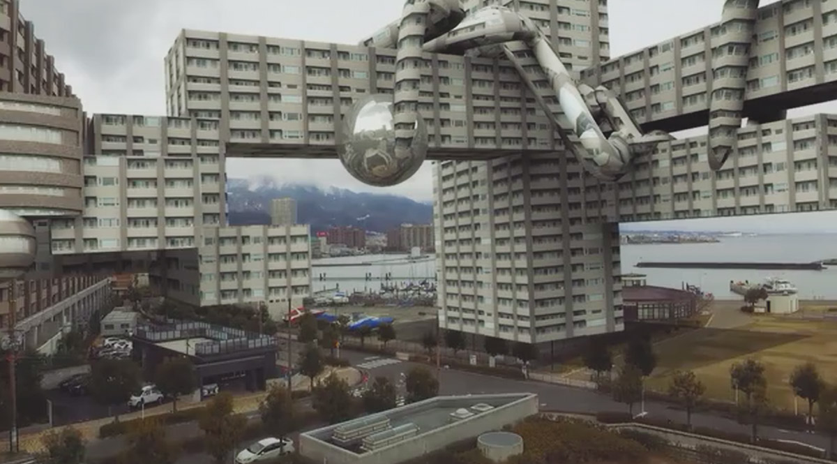 AUJIK reveals the first CGI/drone test over deconstruction of architectural objects