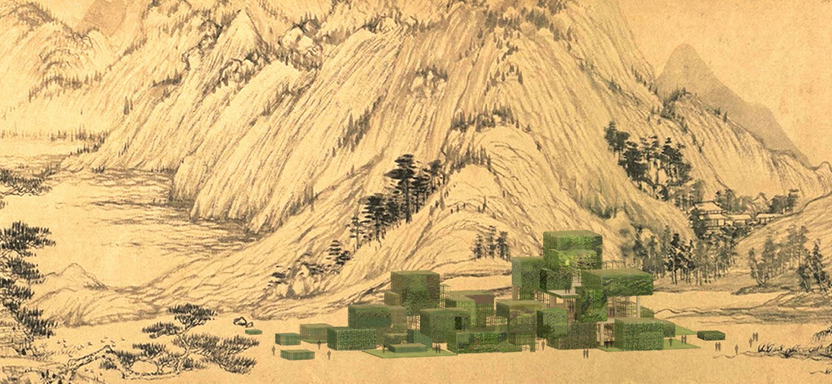 This stack of green boxes is inspired by Chinese gardens designed by Studio Pei-Zhu