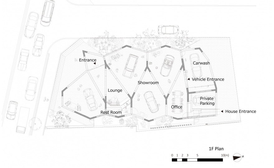Hexagon Shape Graz provides maximum areas for car showroom by Hiroshi Nakamura&NAP