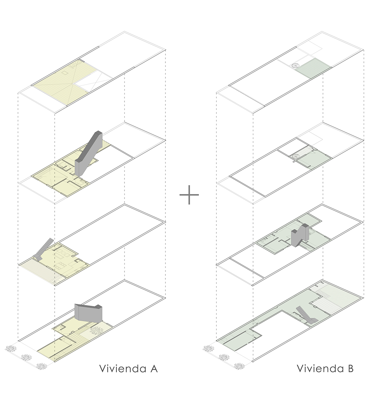 Two Houses Conde represented with various connections in its context designed by HM Architects