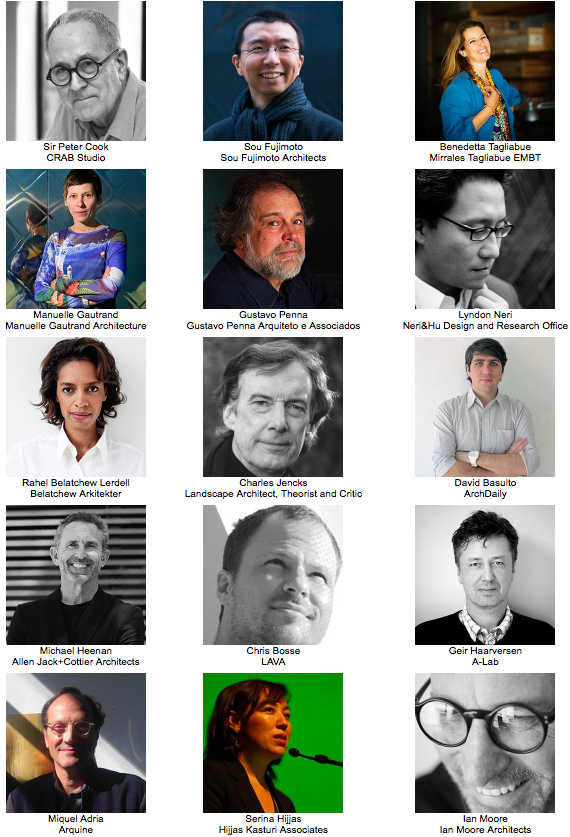 Sir Peter Cook, Sou Fujimoto&Benedetta Tagliabue:announcing the first of WAF&rsquo;s 70 strong jury