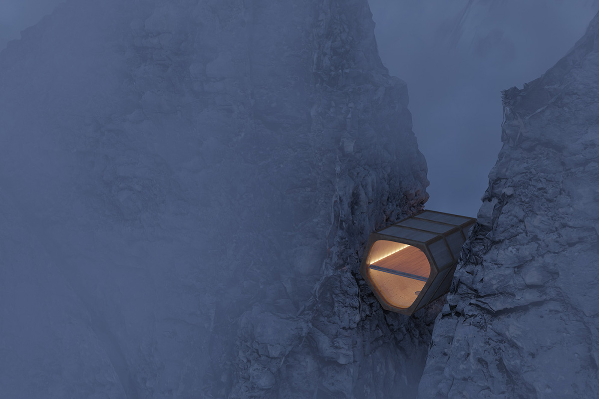 ’’Hex Hut’’ living capsule inserted into snow on the alps for experimental use