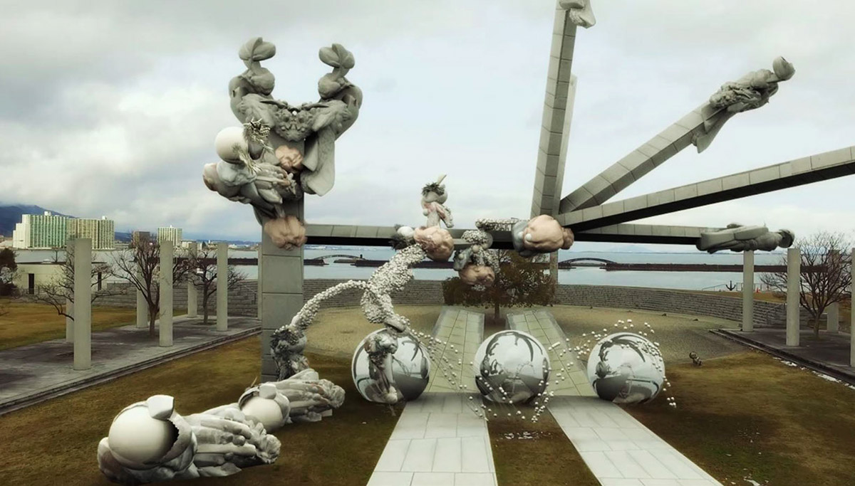 AUJIK reveals the first CGI/drone test over deconstruction of architectural objects
