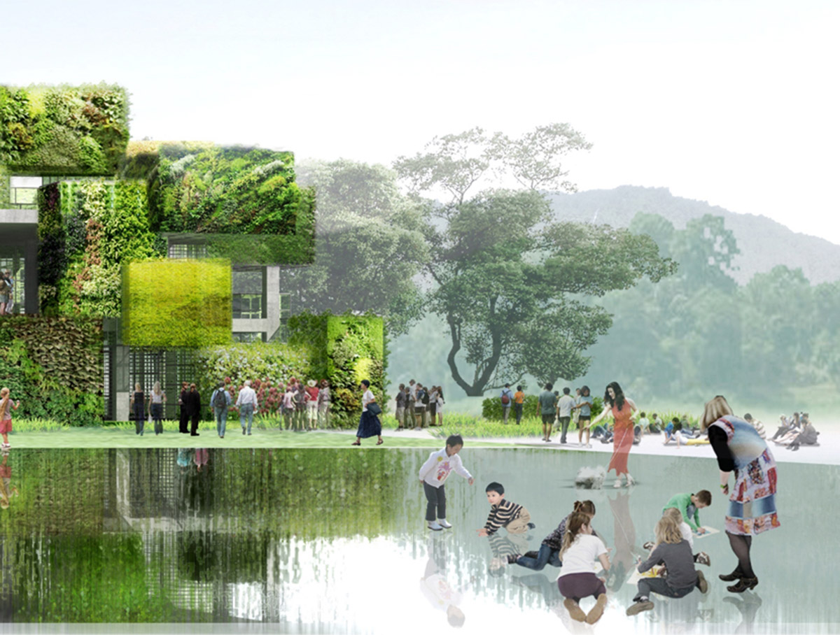 This stack of green boxes is inspired by Chinese gardens designed by Studio Pei-Zhu