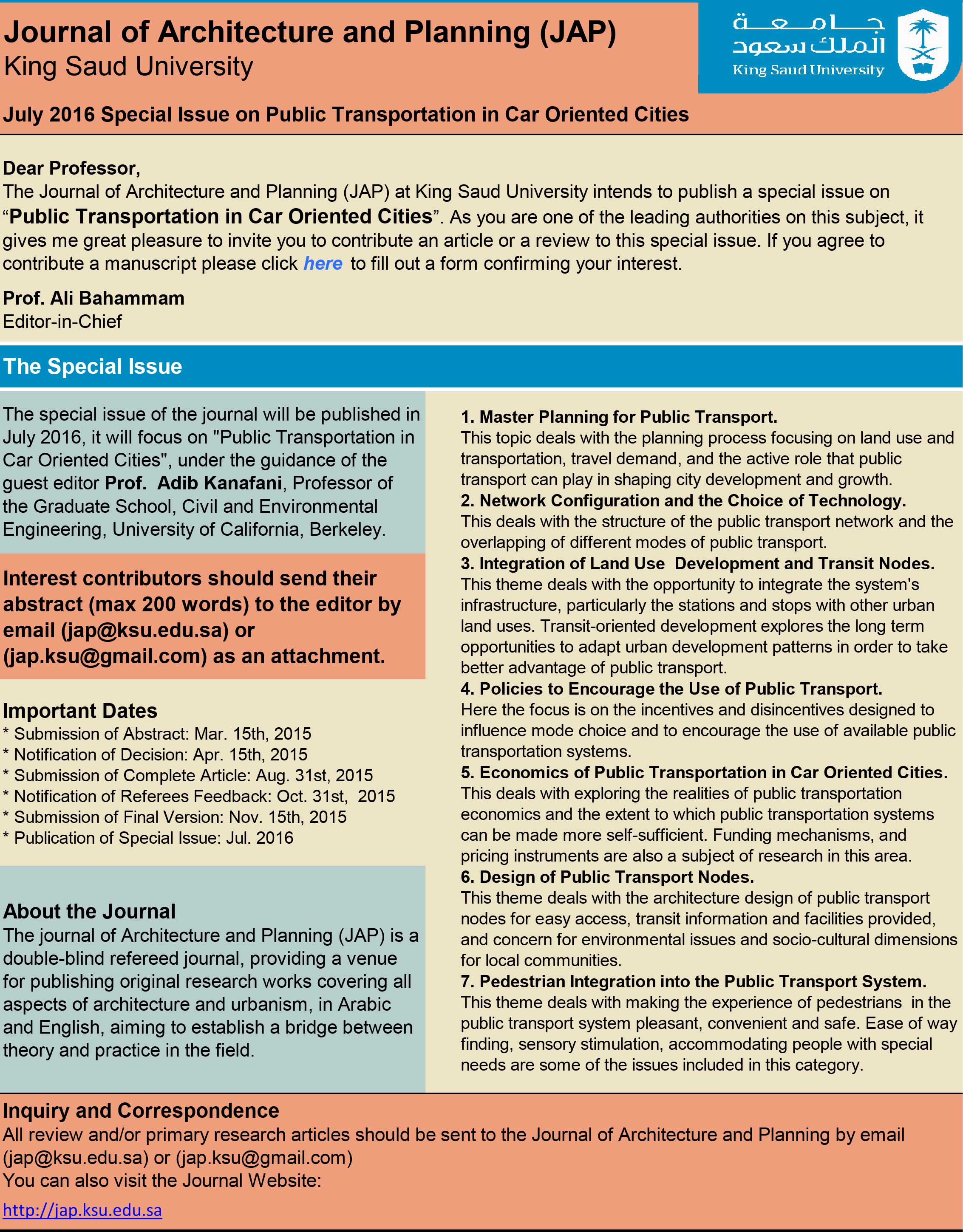 Call for Submissions:JAP 2016 Special Issue-’’Public Transportation in Car Oriented Cities’’