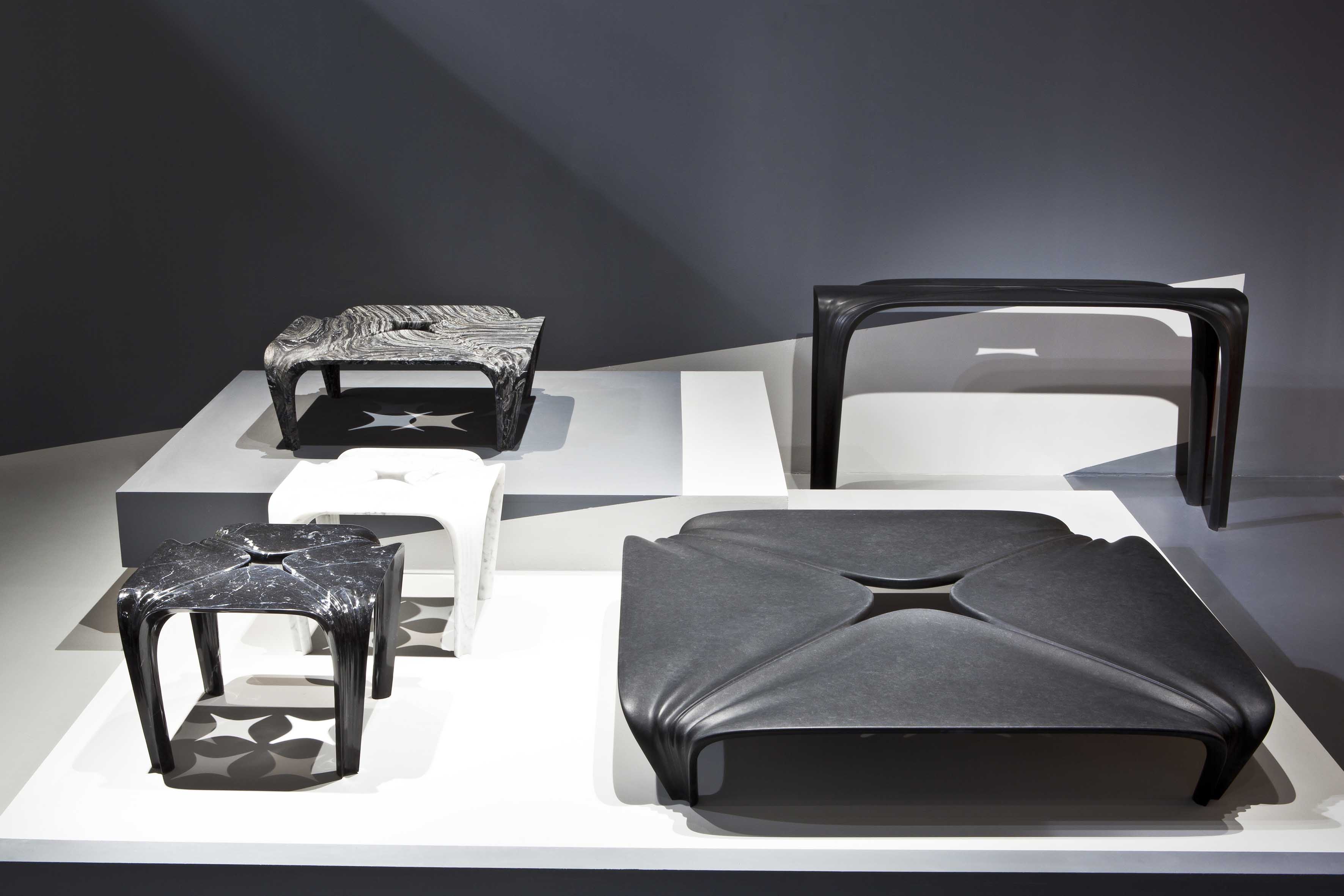 Tau Vases and Quad Tables for Citco Marbles by Zaha Hadid