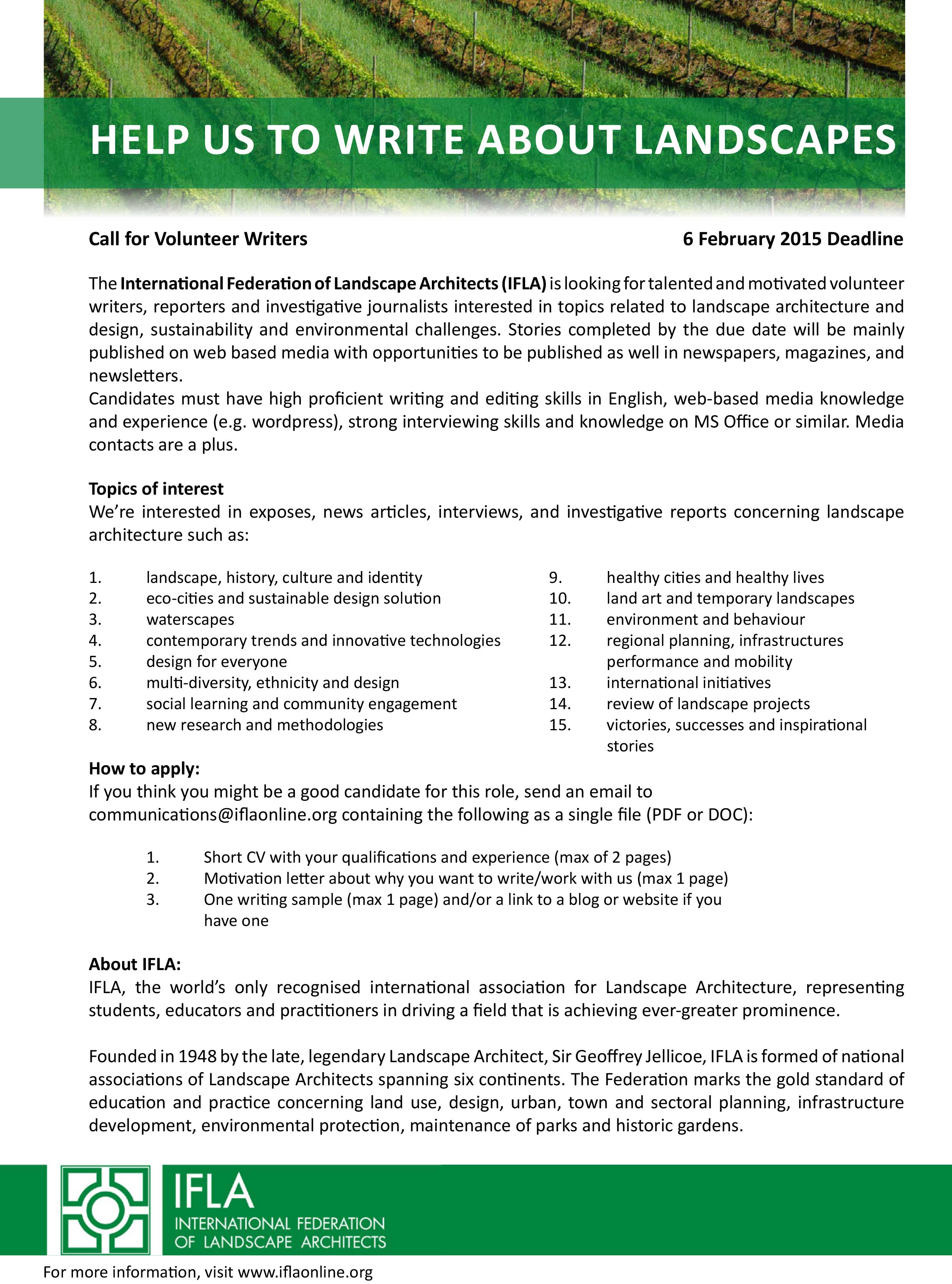 Call for Volunteers:The International Federation of Landscape Architects(IFLA)