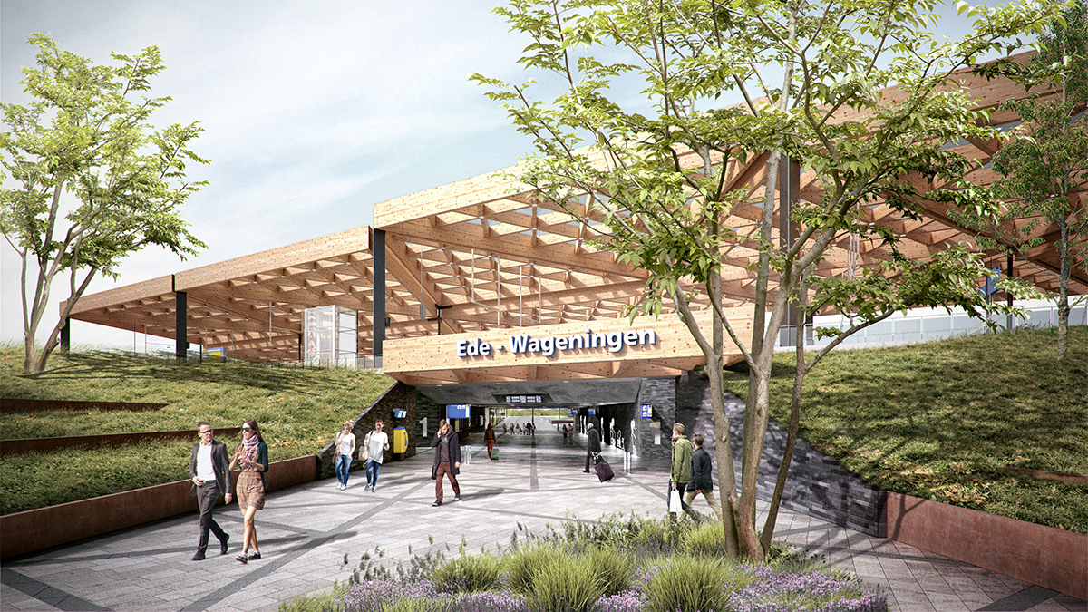 A massive triangular wooden canopy wraps Ede Wageningen Train Station in the new images by Mecanoo