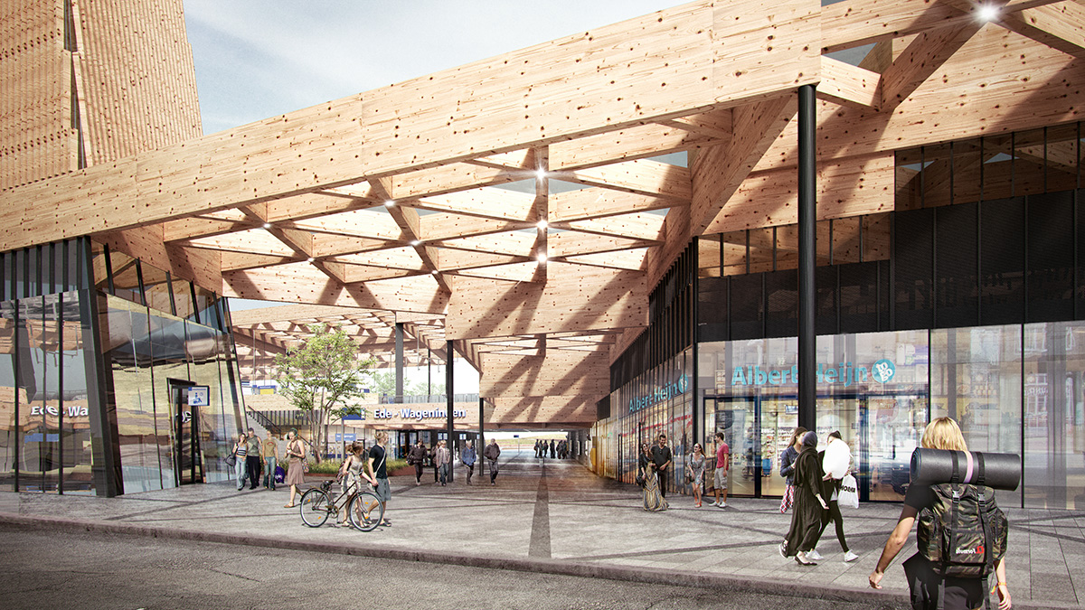 A massive triangular wooden canopy wraps Ede Wageningen Train Station in the new images by Mecanoo