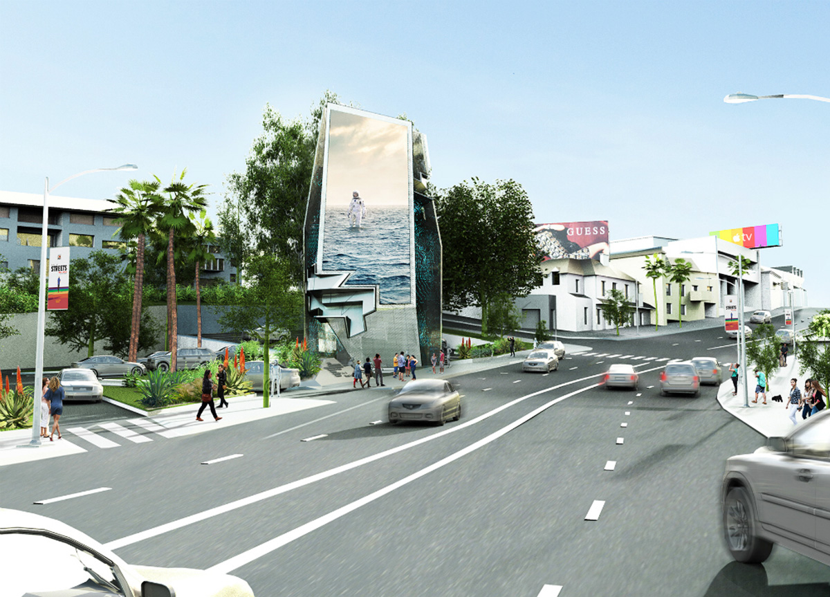 Tom Wiscombe envisions a diamond-like interactive billboard tower for Sunset Boulevard