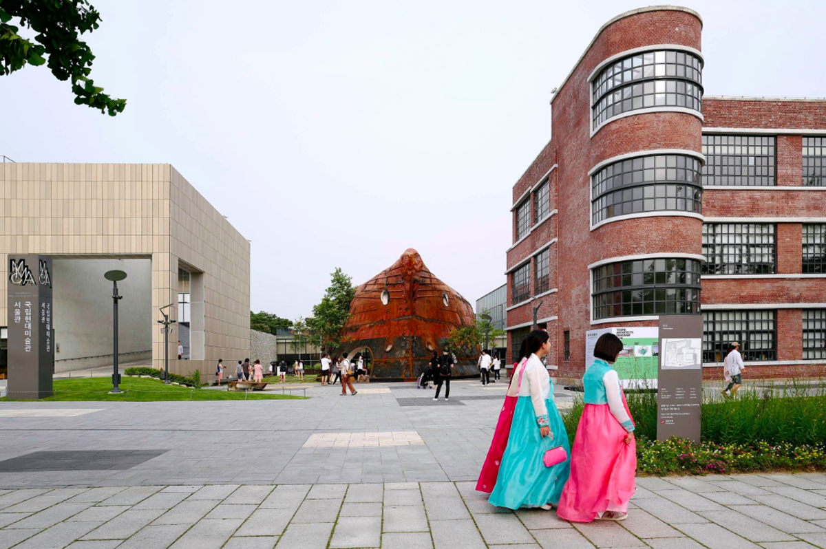 This upside down massive metal pavilion is made of recycled steel parts from an old ship by Shinslab