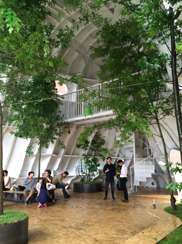 This upside down massive metal pavilion is made of recycled steel parts from an old ship by Shinslab