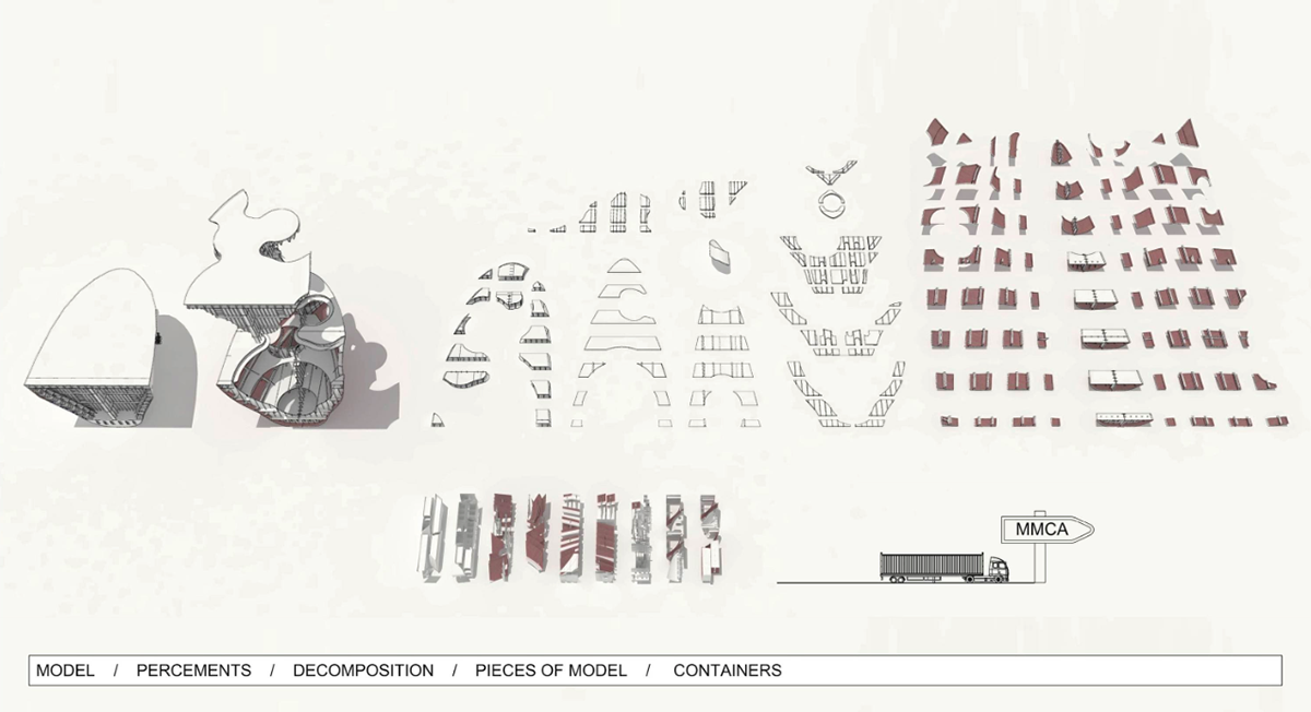 This upside down massive metal pavilion is made of recycled steel parts from an old ship by Shinslab