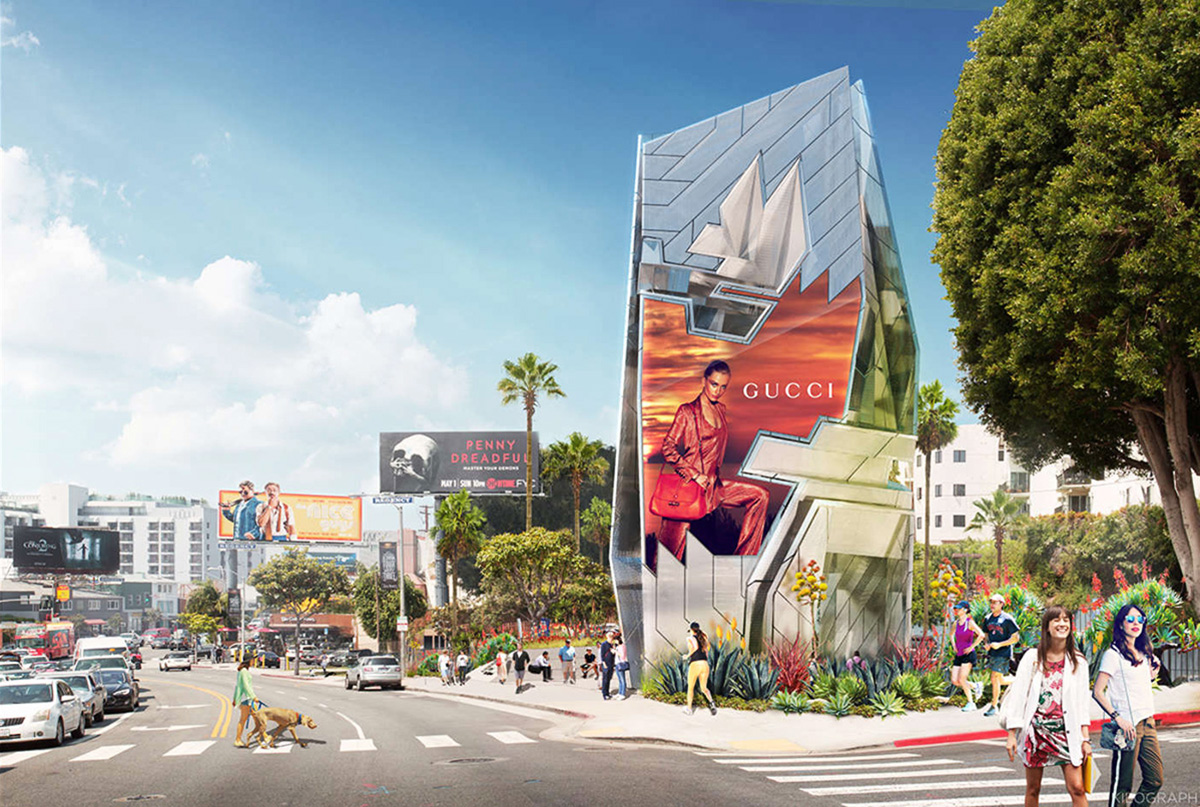 Tom Wiscombe envisions a diamond-like interactive billboard tower for Sunset Boulevard