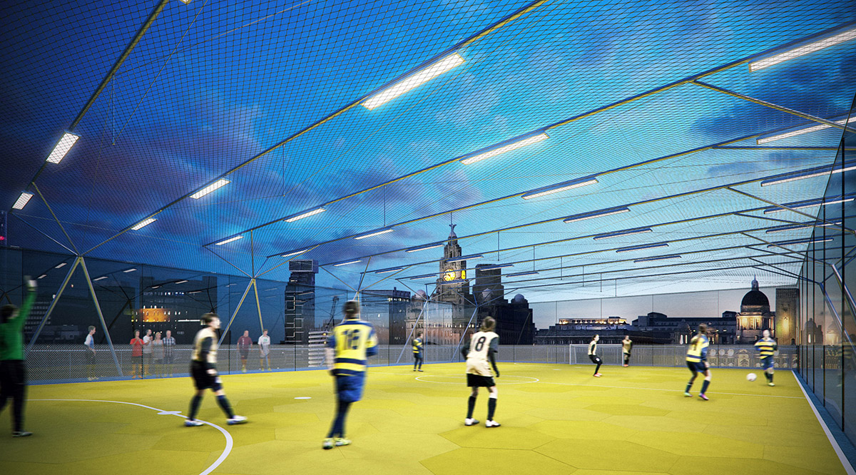 Amanda Levete unveils design for stackable football pitches to be erected on vacant sites of London