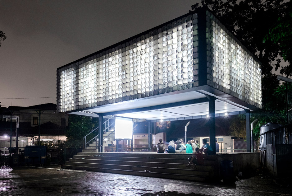 This Microlibrary was made out of 2,000 recycled ice cream buckets in Indonesia
