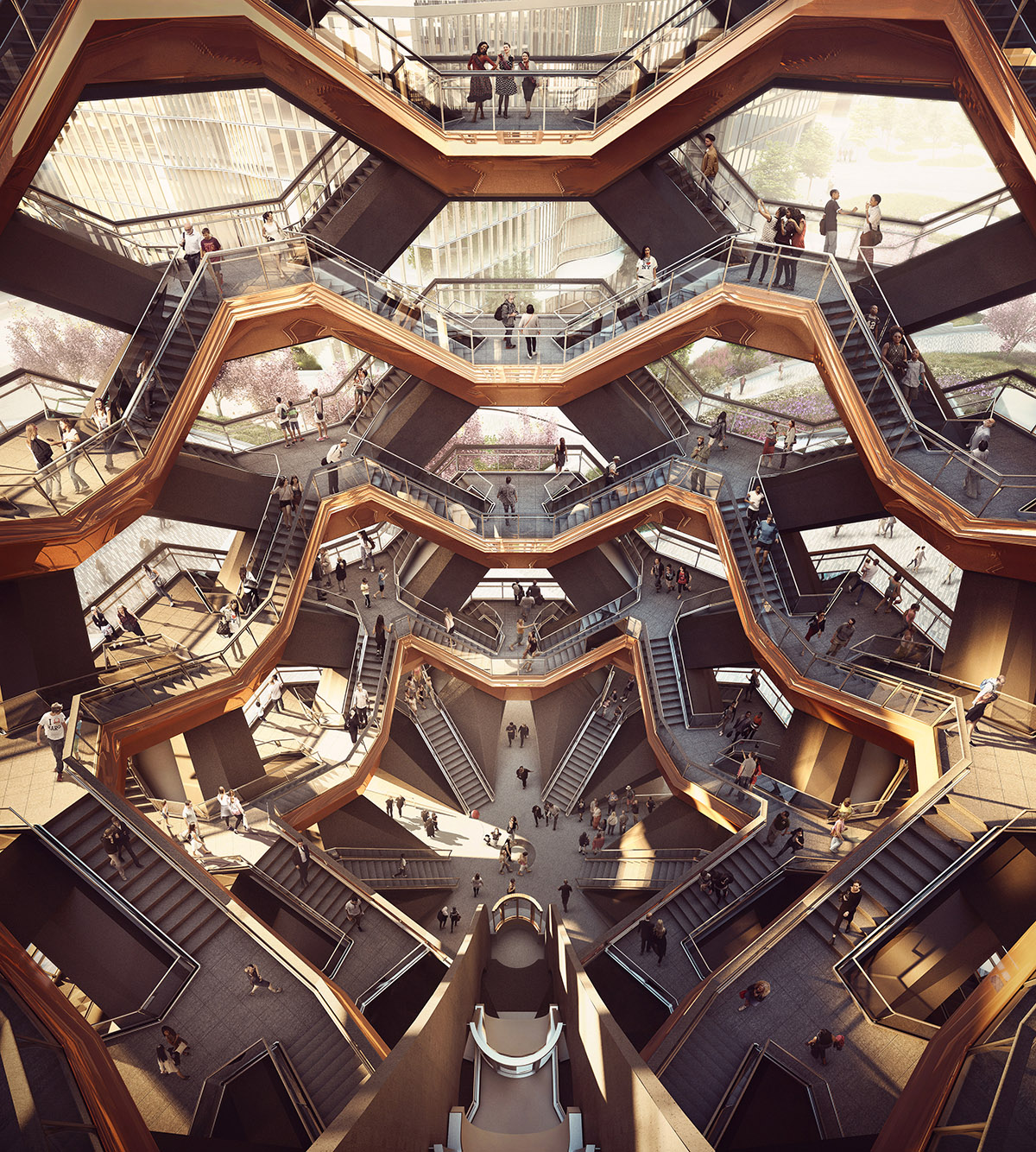 Thomas Heatherwick reveals sculptural ’Vessel’ staircase made of gold geometrical lattice