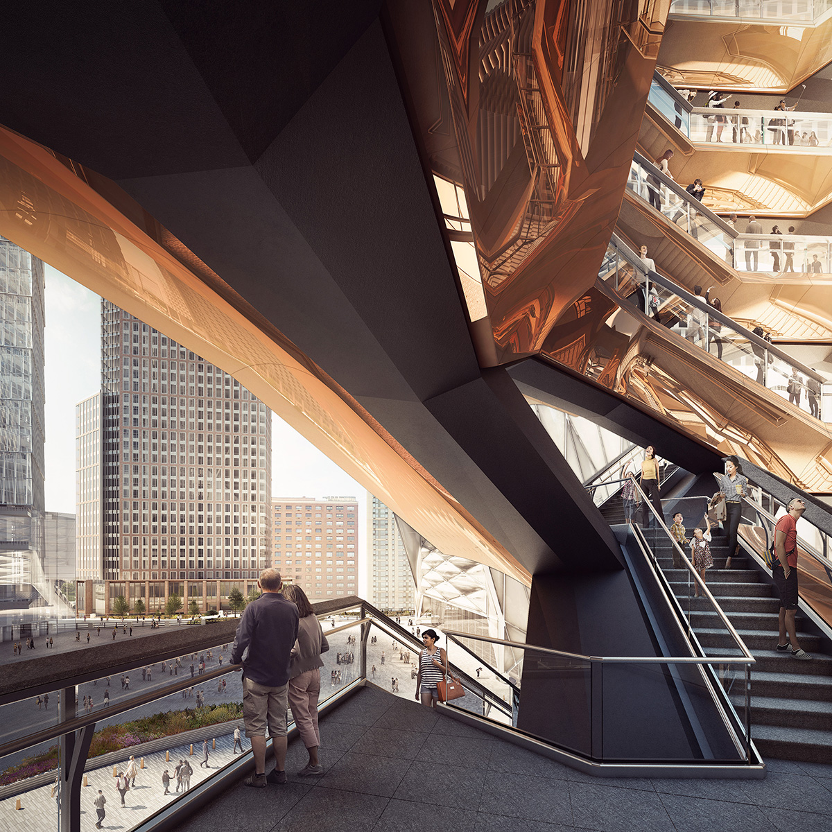 Thomas Heatherwick reveals sculptural ’Vessel’ staircase made of gold geometrical lattice