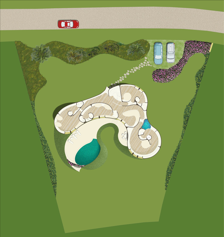 Javier Senosiain&rsquo;s Amoeba House supported on three legs and painted with gold+copper patina