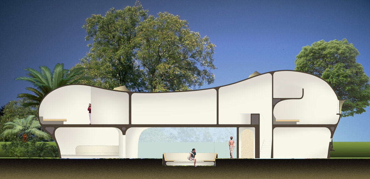 Javier Senosiain&rsquo;s Amoeba House supported on three legs and painted with gold+copper patina