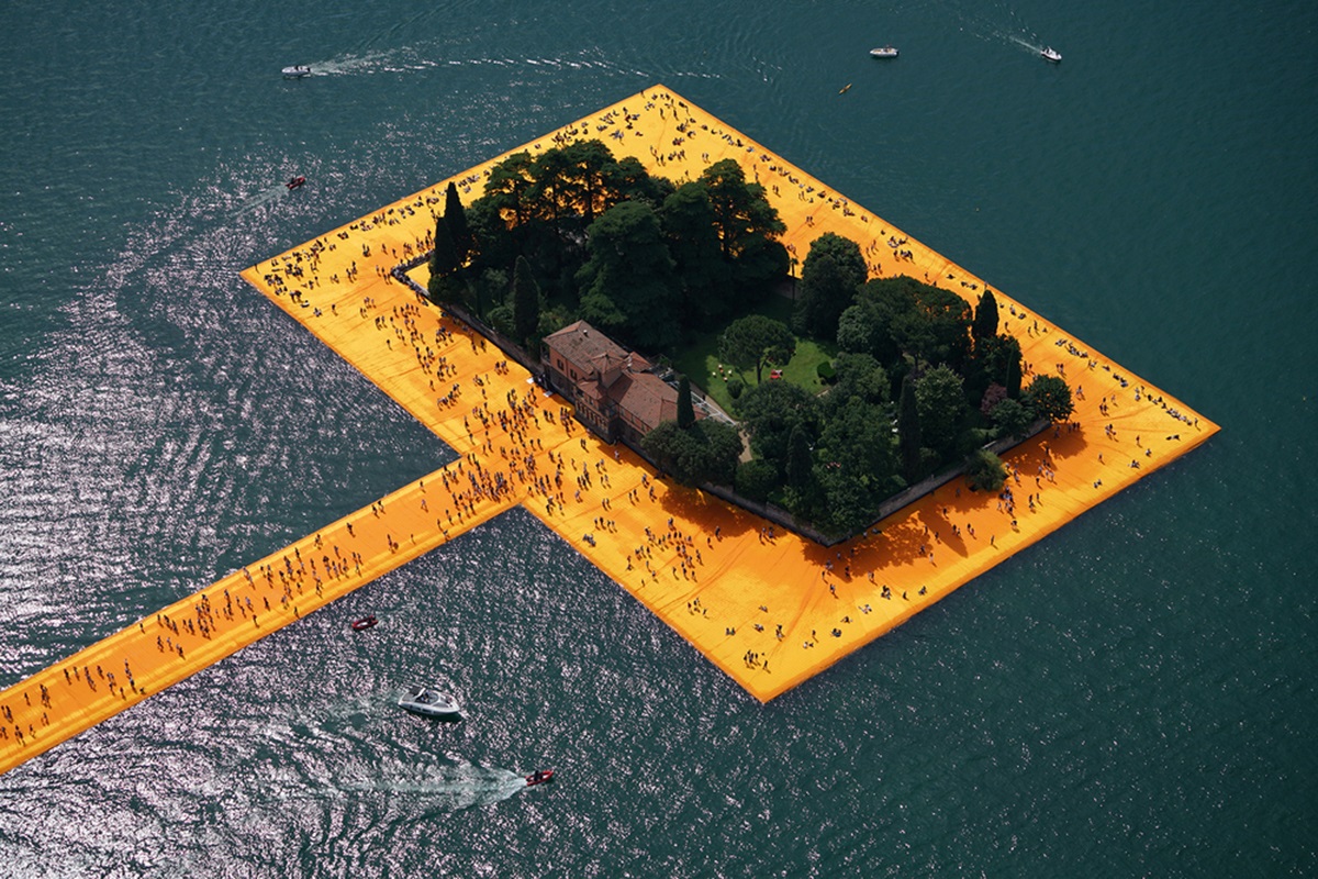 Christo and Jeanne-Claude reimagine Italy&rsquo;s Lake Iseo with shimmering yellow fabric on the water