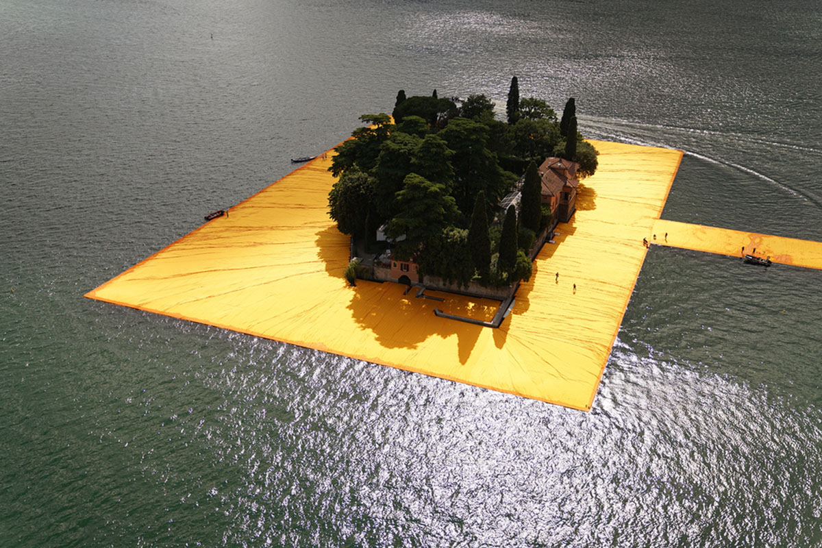 Christo and Jeanne-Claude reimagine Italy&rsquo;s Lake Iseo with shimmering yellow fabric on the water