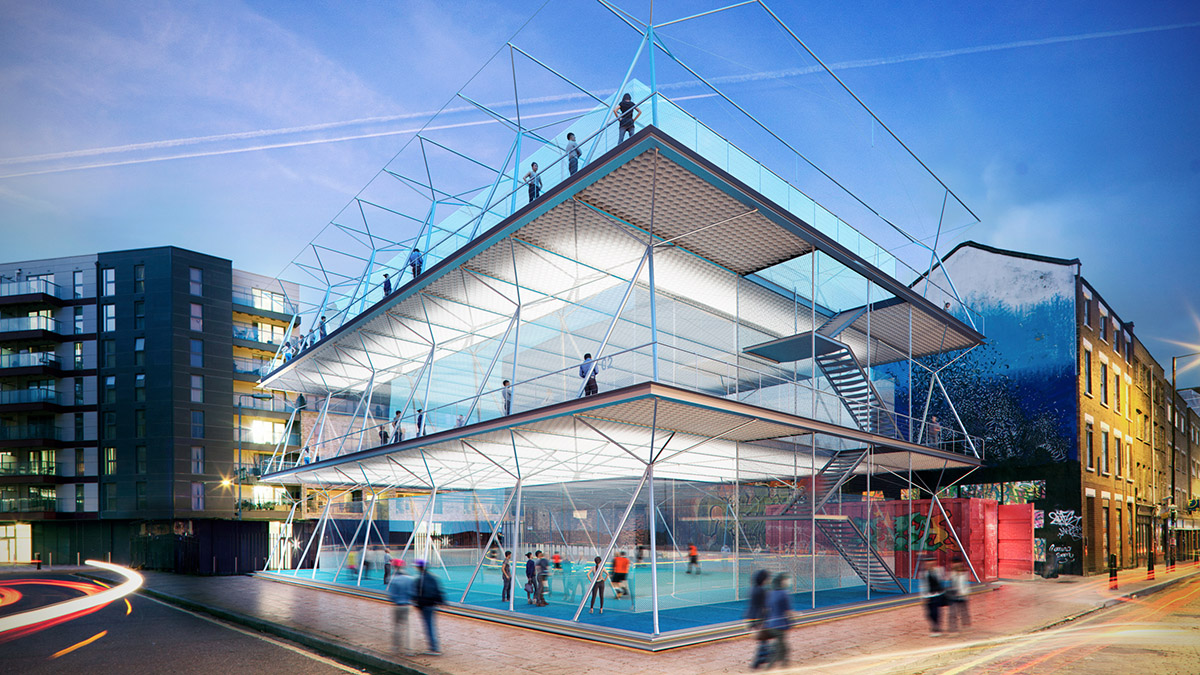Amanda Levete unveils design for stackable football pitches to be erected on vacant sites of London