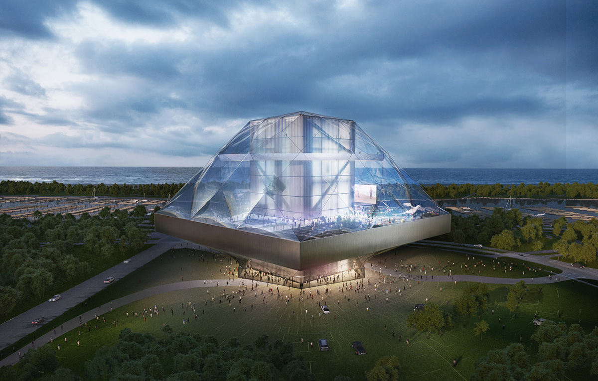 OMA puts forward its proposal for the Lucas Cultural Arts Museum, a diamond-looking ETFE membrane