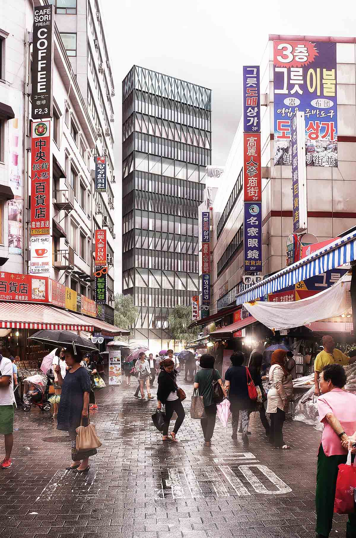 Mecanoo transforms Seoul’s Namdeamun Market into a new office building with monochromatic appearance