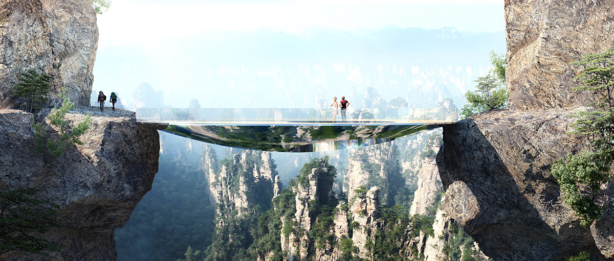 A cluster of mirrored-pavilions and footbridges are set at the Zhangjiajie world heritage site