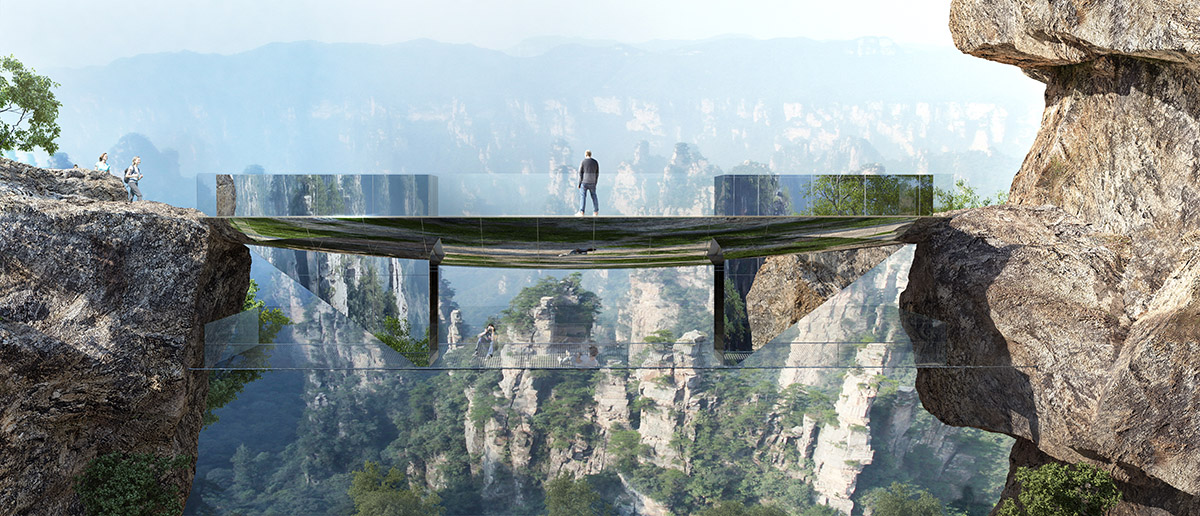 A cluster of mirrored-pavilions and footbridges are set at the Zhangjiajie world heritage site