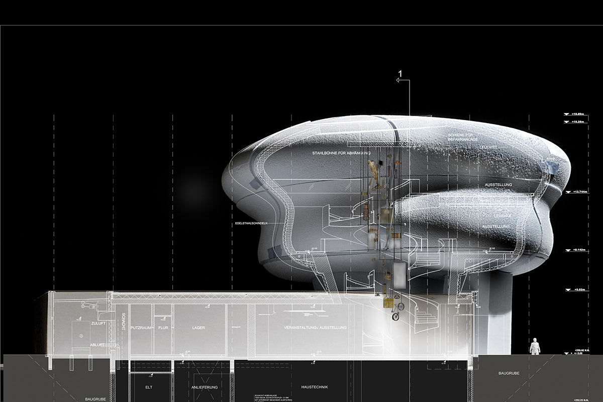 Coop Himmelb(l)au’s House of Bread II uses a box shaped base to carry the curvaceous museum