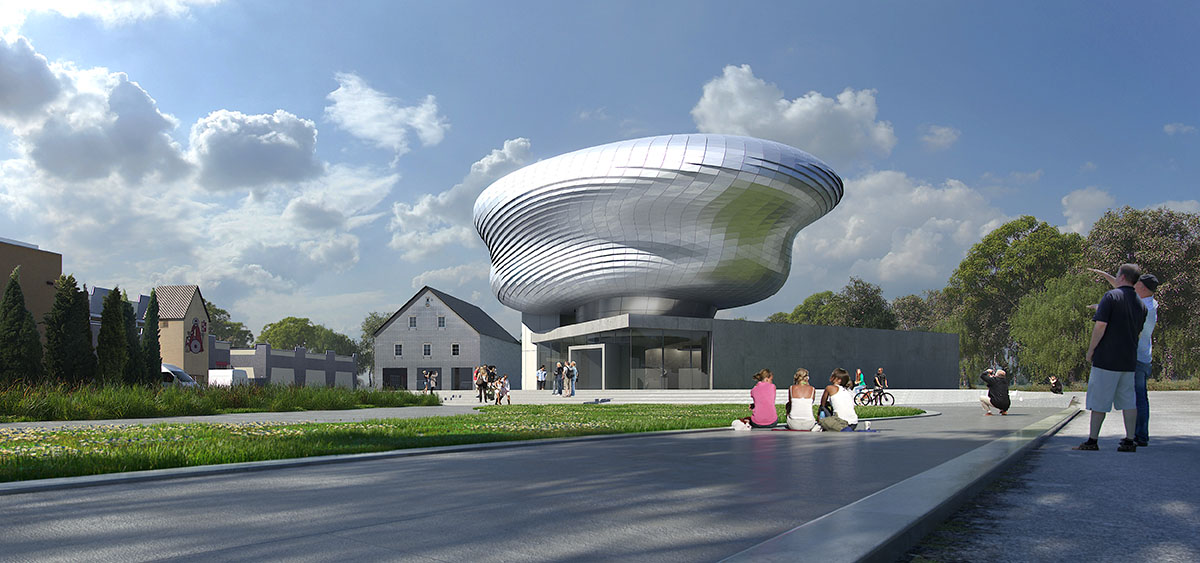 Coop Himmelb(l)au’s House of Bread II uses a box shaped base to carry the curvaceous museum