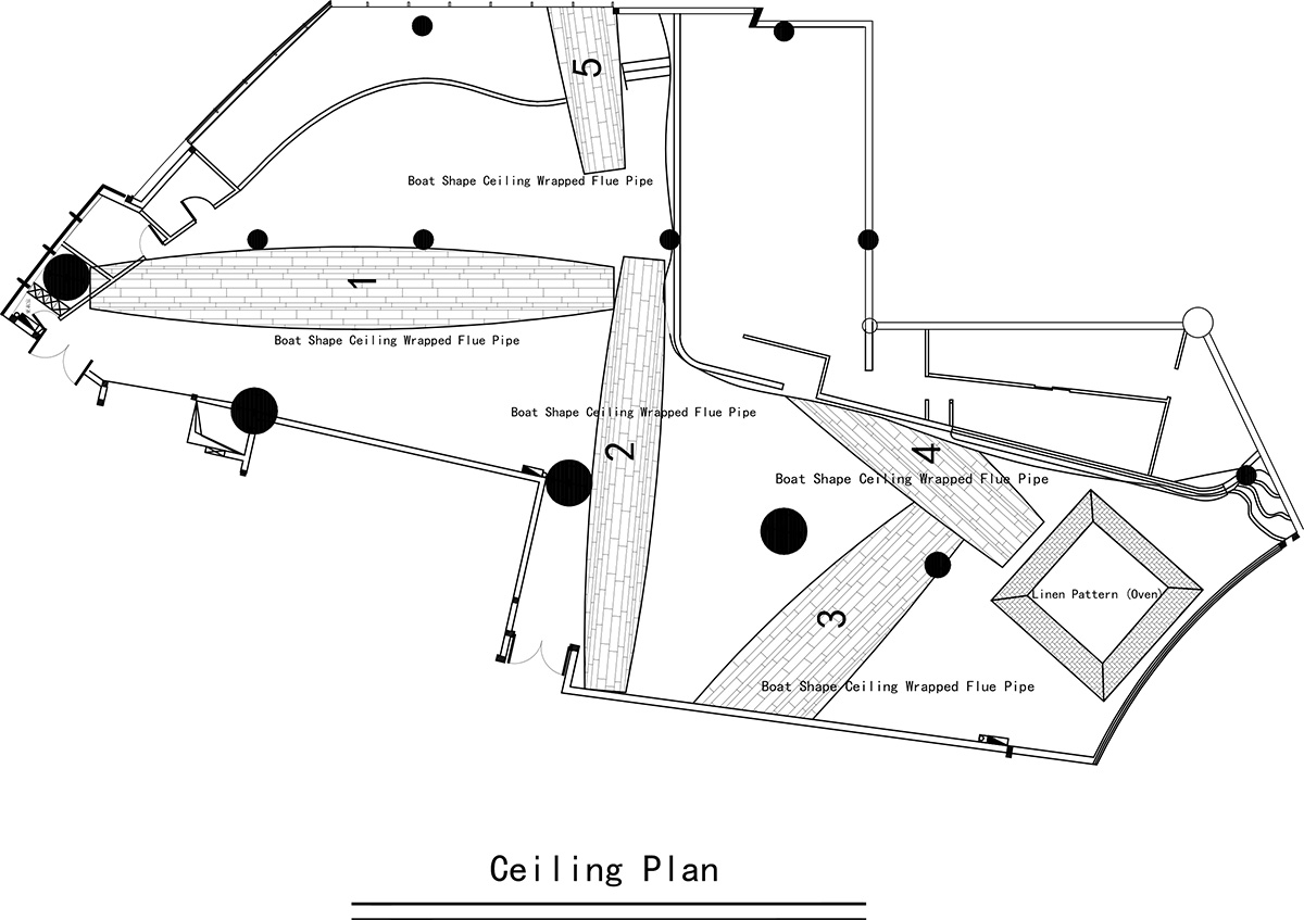 Designer Xu Xu-Jun hangs plenty of wooden-boats from the ceiling of Pu Zao Restaurant in China