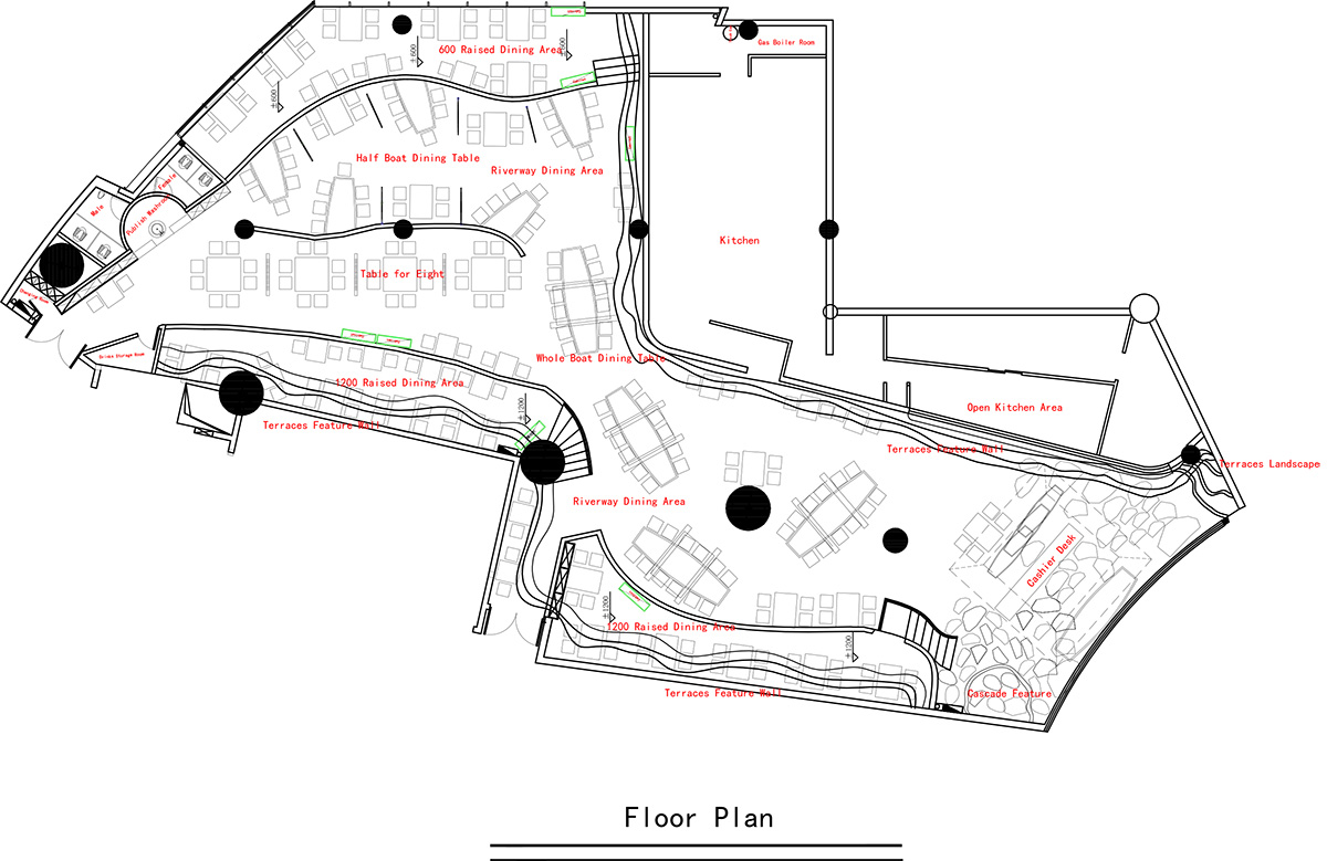 Designer Xu Xu-Jun hangs plenty of wooden-boats from the ceiling of Pu Zao Restaurant in China