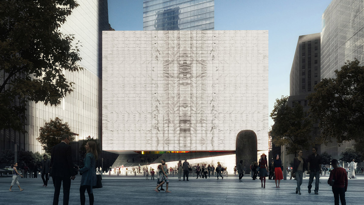 New design shows a veined-marble cutting box for Perelman Performing Arts Center released by REX