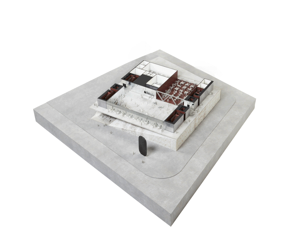 New design shows a veined-marble cutting box for Perelman Performing Arts Center released by REX