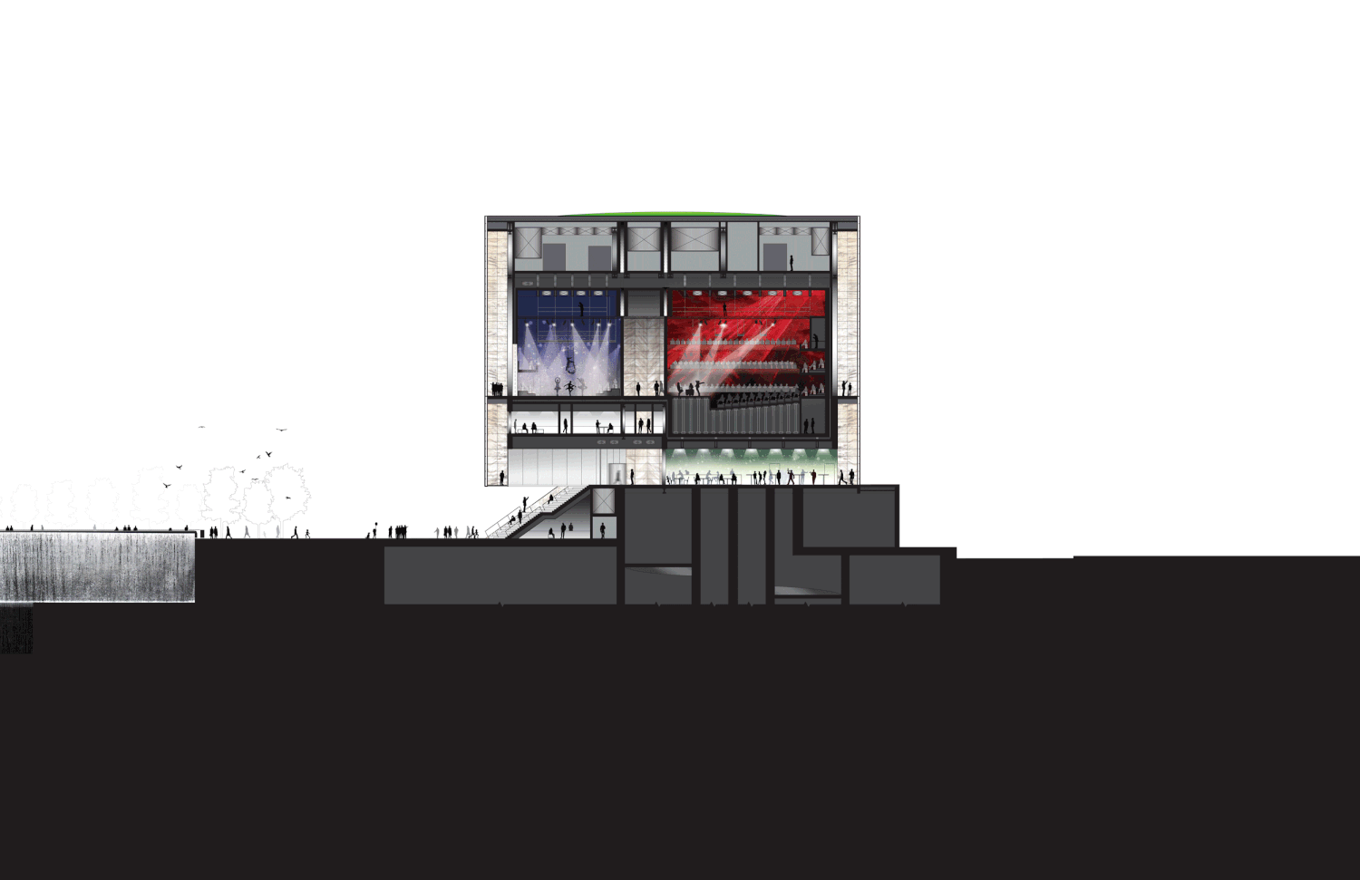 New design shows a veined-marble cutting box for Perelman Performing Arts Center released by REX