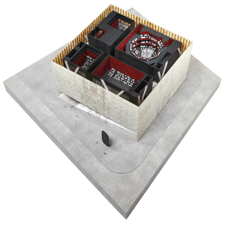 New design shows a veined-marble cutting box for Perelman Performing Arts Center released by REX