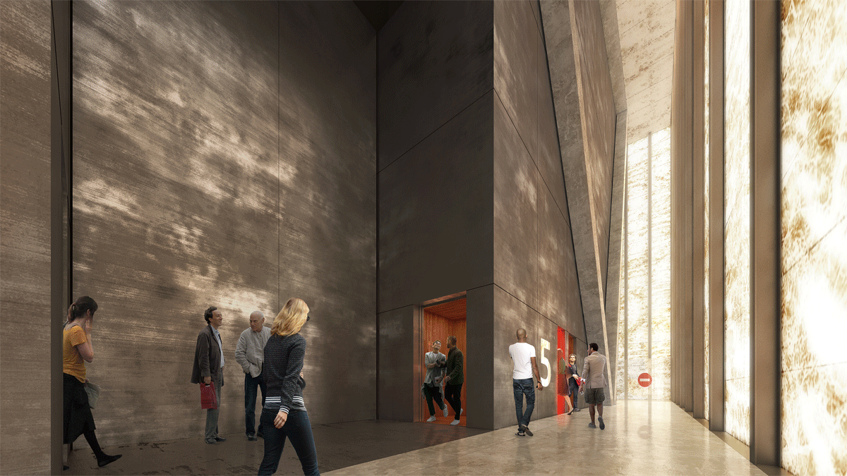 New design shows a veined-marble cutting box for Perelman Performing Arts Center released by REX
