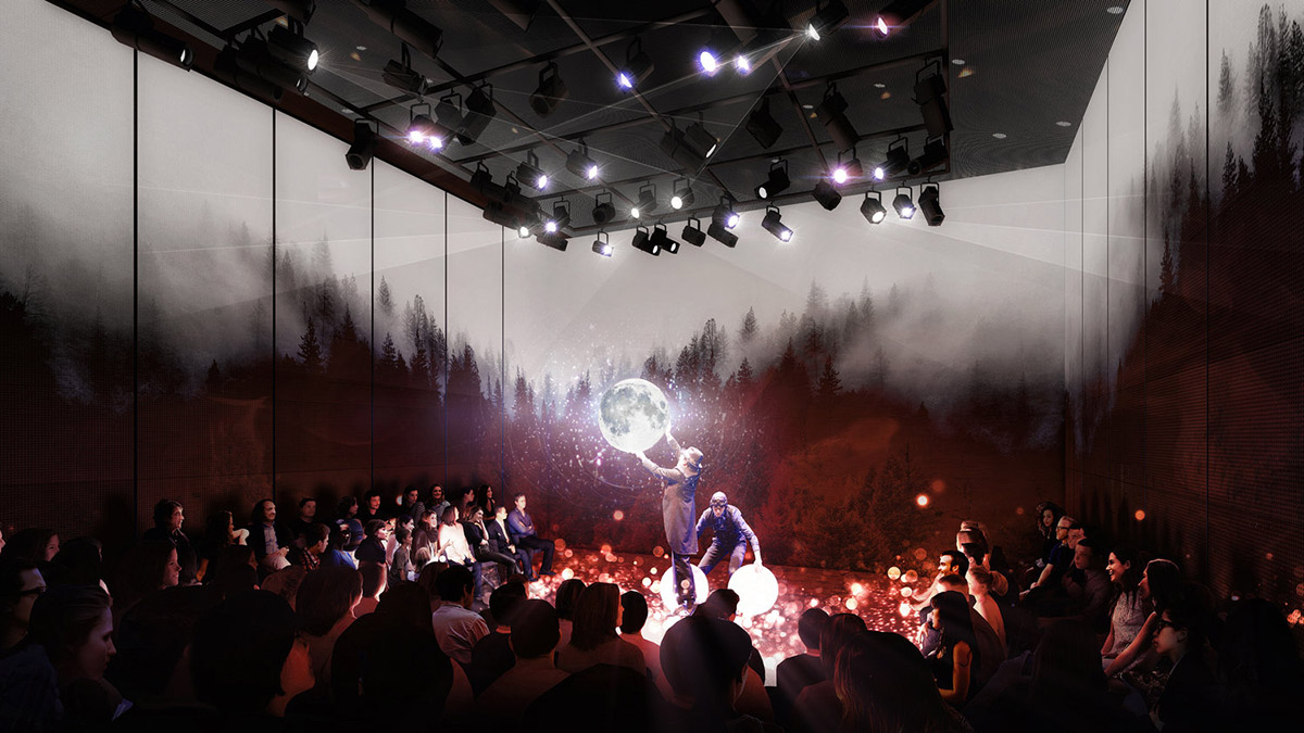 New design shows a veined-marble cutting box for Perelman Performing Arts Center released by REX