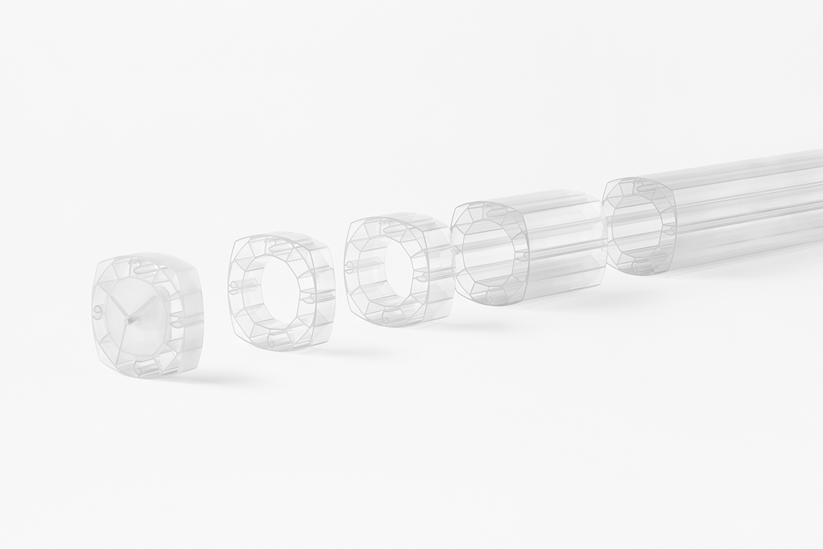 Nendo&rsquo;s &rsquo;Slice of Time&rsquo; exhibition was made of a transparent clock-like empty-shell