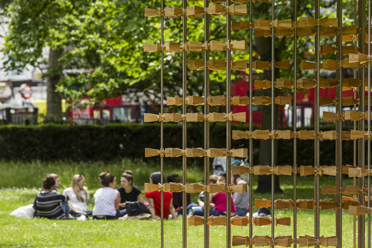 The Pinwheel Pavilion is a self-supporting structure animated by bamboo components in London