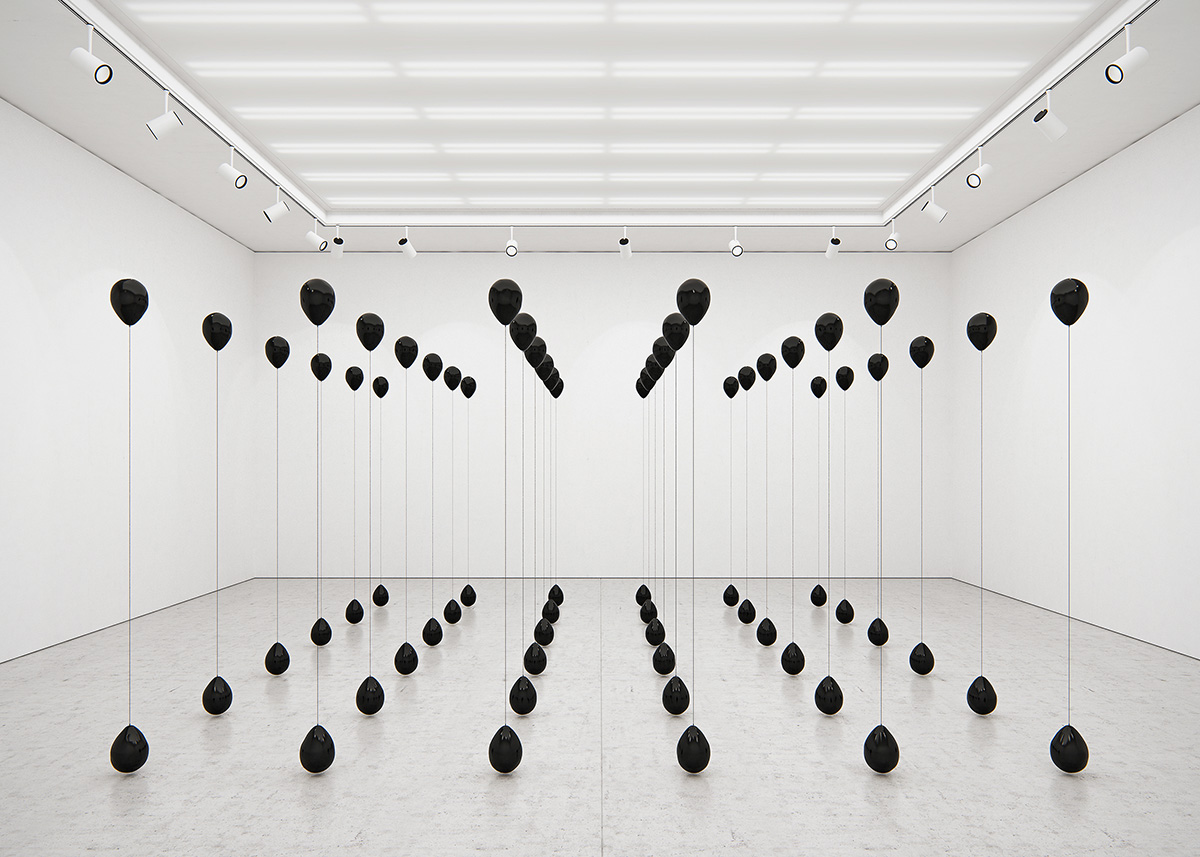 Tadao Cern blows away Black Balloons by using different gases creating sculptural balance in the air