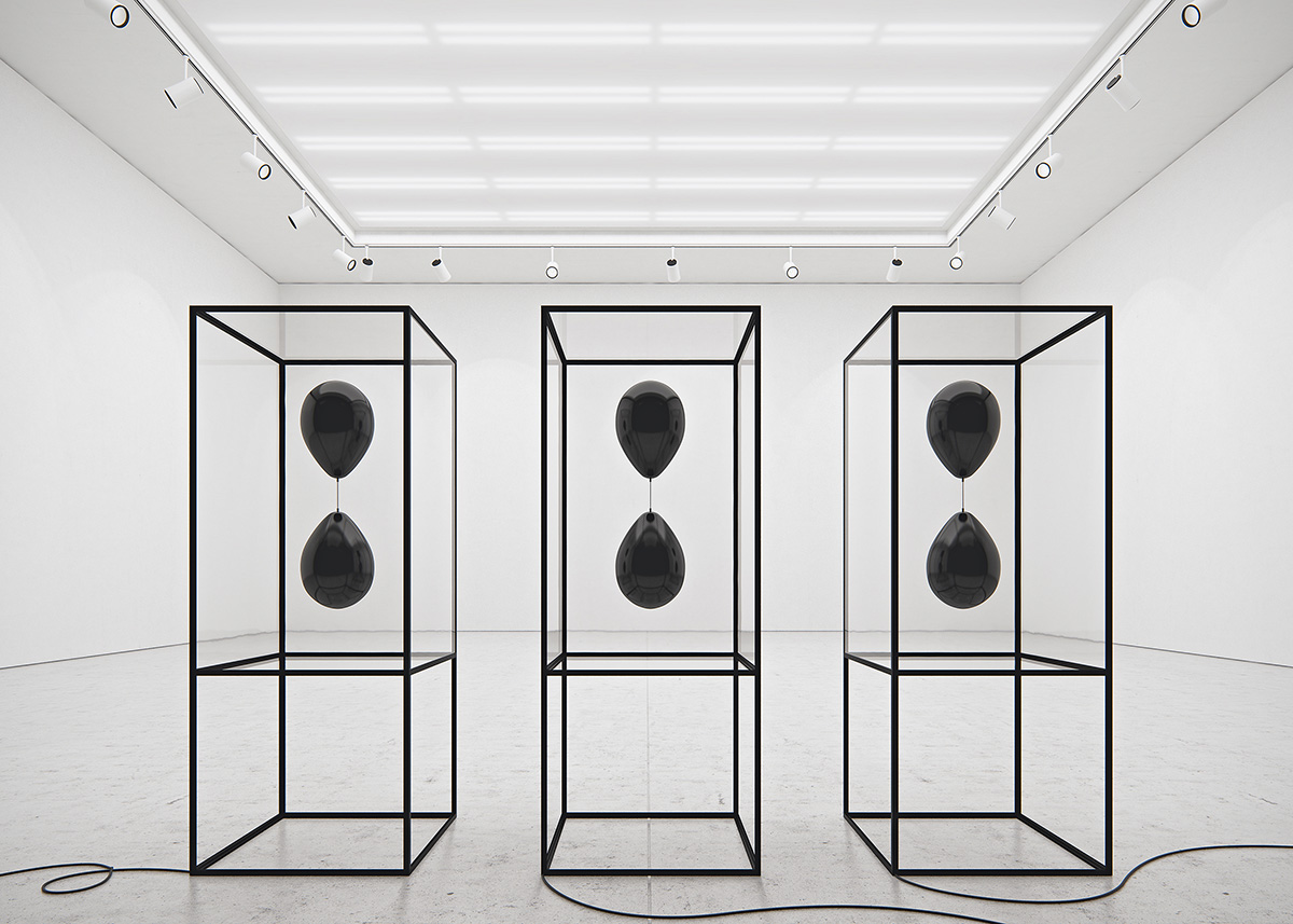Tadao Cern blows away Black Balloons by using different gases creating sculptural balance in the air