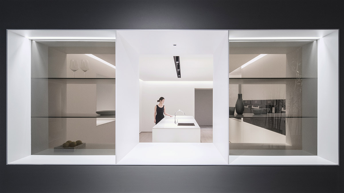 Lukstudio created artificial culinary village from different homes with monochrome interior