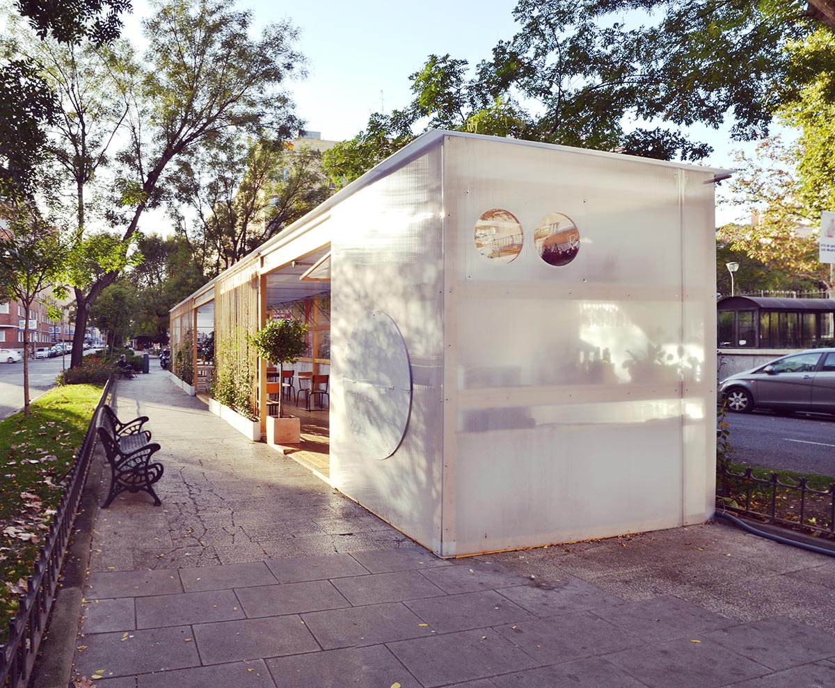 delaVegaCanolasso completes moveable urban pavilion with striped-facade in Madrid