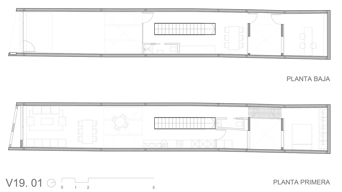 Viraje arquitectura creates perforated façade for elongated family house to play with natural light